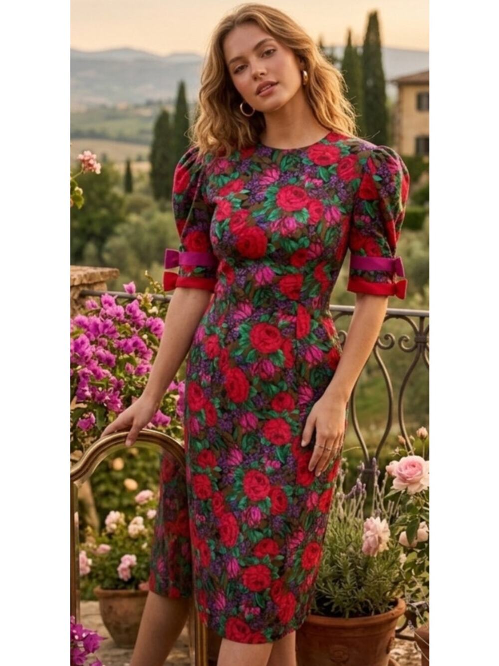 Vintage Leslie Lucks Red Rose Motif Sheath Midi Dress with Puff Sleeves